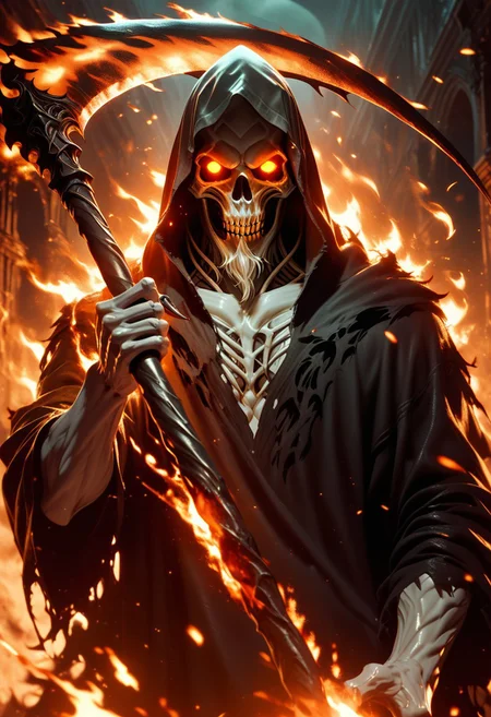 score_9,score_8_up,score_7_up, grim reaper, large scythe, burning, hell, fire, glowing eyes, claws, faceless, dark fantasy, darkness,