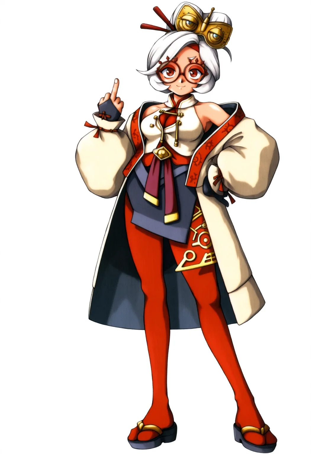 masterpiece, best quality, solo, 1girl, smile, looking at viewer, <lora:FF7-Offical-Art-illus_Fp:1>, 1990s \(style\), simple background, white background, full body, standing, (purah:0.7), white hair, red eyes, red glasses, eyewear, coat, off shoulder,sash,black skirt, red leggings, middle finger,