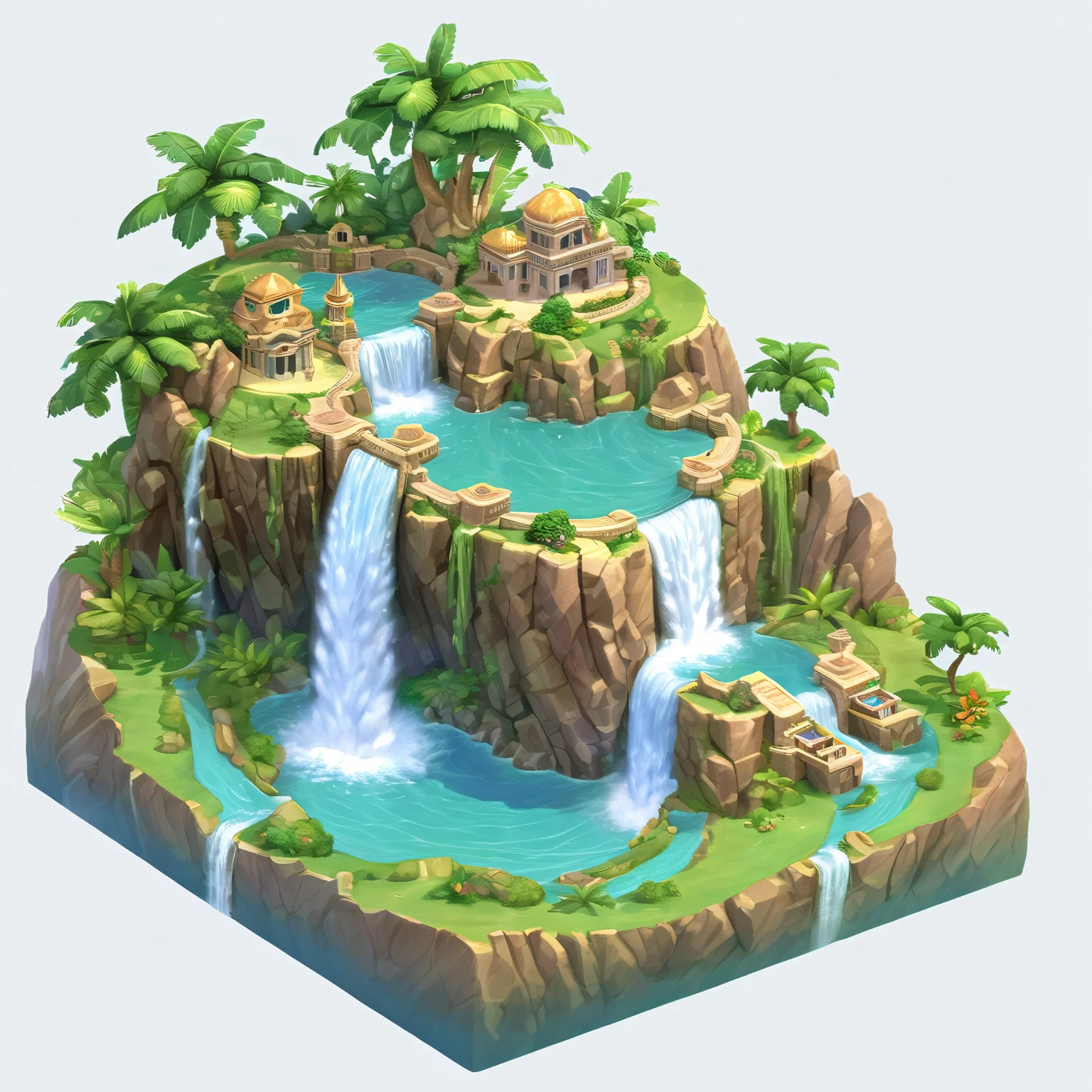 ((masterpiece, best quality)), absurdres, Isometric_Setting, paradise, floating island, detailed waterfall, detailed pond, detailed rocks, clouds and sky in the background, <lora:Stylized_Setting_SDXL:1.0>