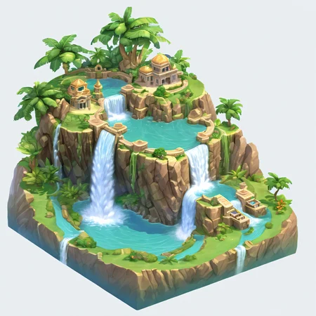 ((masterpiece, best quality)), absurdres, Isometric_Setting, paradise, floating island, detailed waterfall, detailed pond, detailed rocks, clouds and sky in the background, <lora:Stylized_Setting_SDXL:1.0>