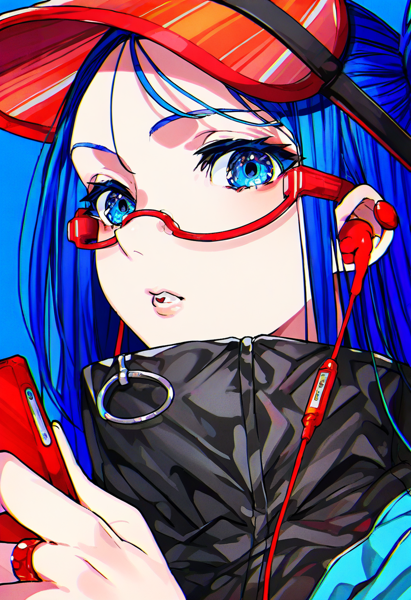 1girl, solo, blue hair, blue eyes, glasses, ring, parted lips, earphones, looking at viewer, long hair, holding, visor cap, red-framed eyewear, jacket, semi-rimless eyewear, phone, jewelry, earbuds, blue background, upper body, high collar <lora:mikaXL_NBVP1_lokr_V6311PZ:0.95>