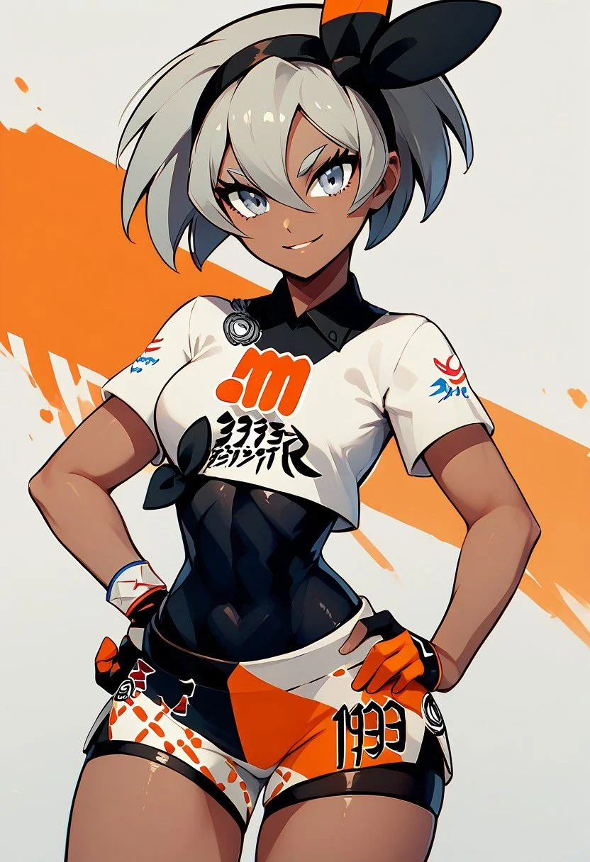 score_9, score_8_up, score_8, big breasts, (curvy), cute, eyelashes,
rating safe,
BREAK,
clenched fist,
zzbea, grey eyes, grey hair, shirt hair, hair between eyes, black hairband, dark-skinned female, crop top, print shirt, bodysuit, shorts, single glove,
hand on hip, hip to the side, wide hips,
BREAK,
smile, looking at viewer,
abstract background,
zPDXL, Expressiveh