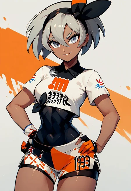 score_9, score_8_up, score_8, big breasts, (curvy), cute, eyelashes,
rating safe,
BREAK,
clenched fist,
zzbea, grey eyes, grey hair, shirt hair, hair between eyes, black hairband, dark-skinned female, crop top, print shirt, bodysuit, shorts, single glove,
hand on hip, hip to the side, wide hips,
BREAK,
smile, looking at viewer,
abstract background,
zPDXL, Expressiveh