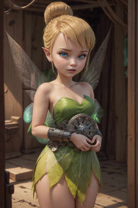 masterpiece, 8k, perfect ligthing, , adult, female, looking at viewer, cinematic lighting, cowboy shot, TinkerBell, (TinkerBellWaifu:1.1), single hair bun, (dress), (green clothe), (transparent fairy wings:1.6), (green clothe), ((clothes made from leaves)), pointy ears, blue eyes, blush, shrunken, inside clock, mechanical clock, gears in the background, (tinkering:1.5), pixiedust, <lora:TinkerBellDisney-06:0.6> <lora:realisticGlossyFaceSkin_rseromanticRsesofiko:0.3><hypernet:empty:0.5>