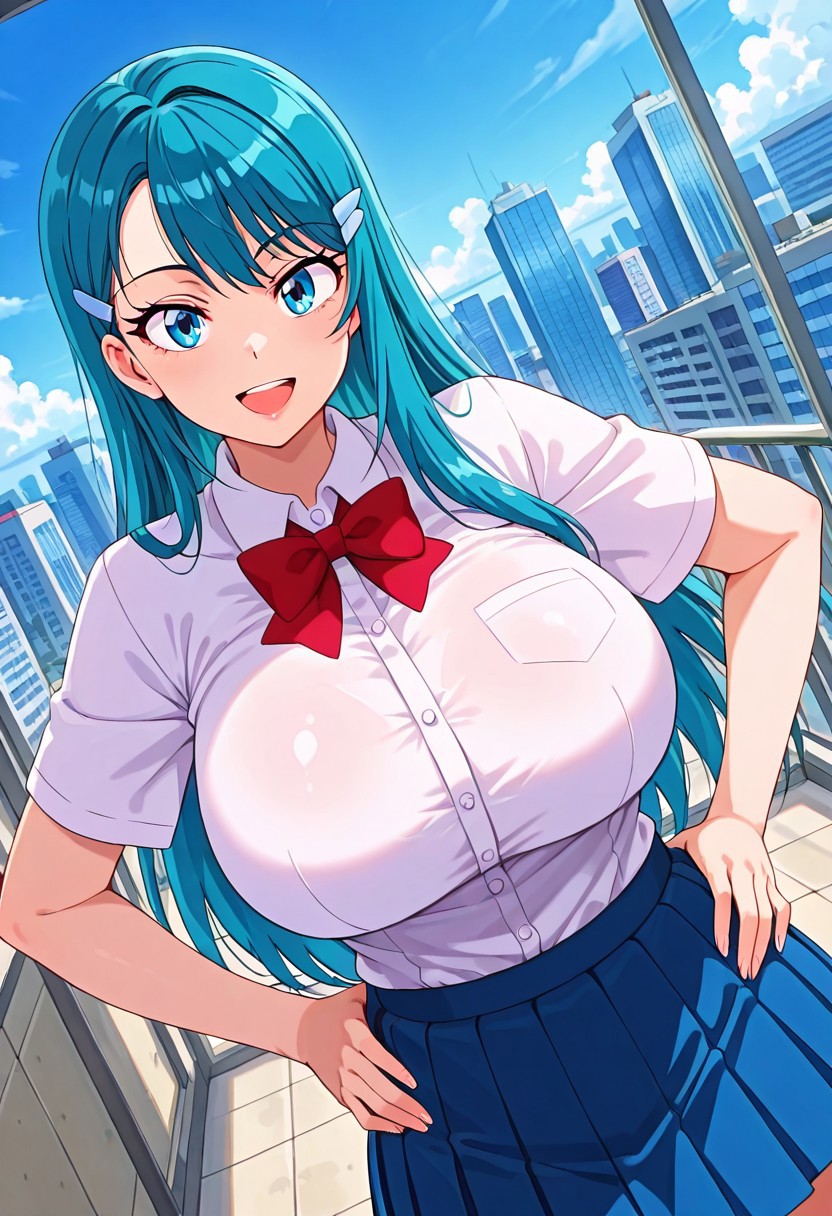 general,highres, ultra-detailed,very aesthetic,best quality ,best hands,best eyes,easynegative,
dynamic anglre, dutch angle, anime cloring,
1girl solo,looking at viewer,city,hands on hip,smile,open mouth, 
Rei Kuki,blue hair,long hair,blue eyes,huge breasts,hairclip,school uniform,