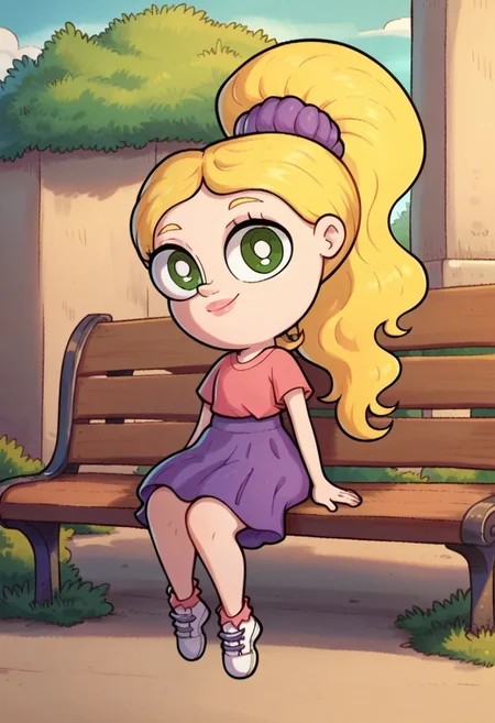 score_9, score_8_up, score_7_up, 1girl, solo, 4na c4tarin4, blonde hair, ponytail, green eyes, pink shirt, purple skirt, white shoes, looking at viewer, smile, lips, closed mouth, outdoors, bench, sitting