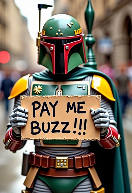 Golden Boba Fett Holding A Cardboard Sign, Written On It in Sharpee Says "PAY ME BUZZ!!!"