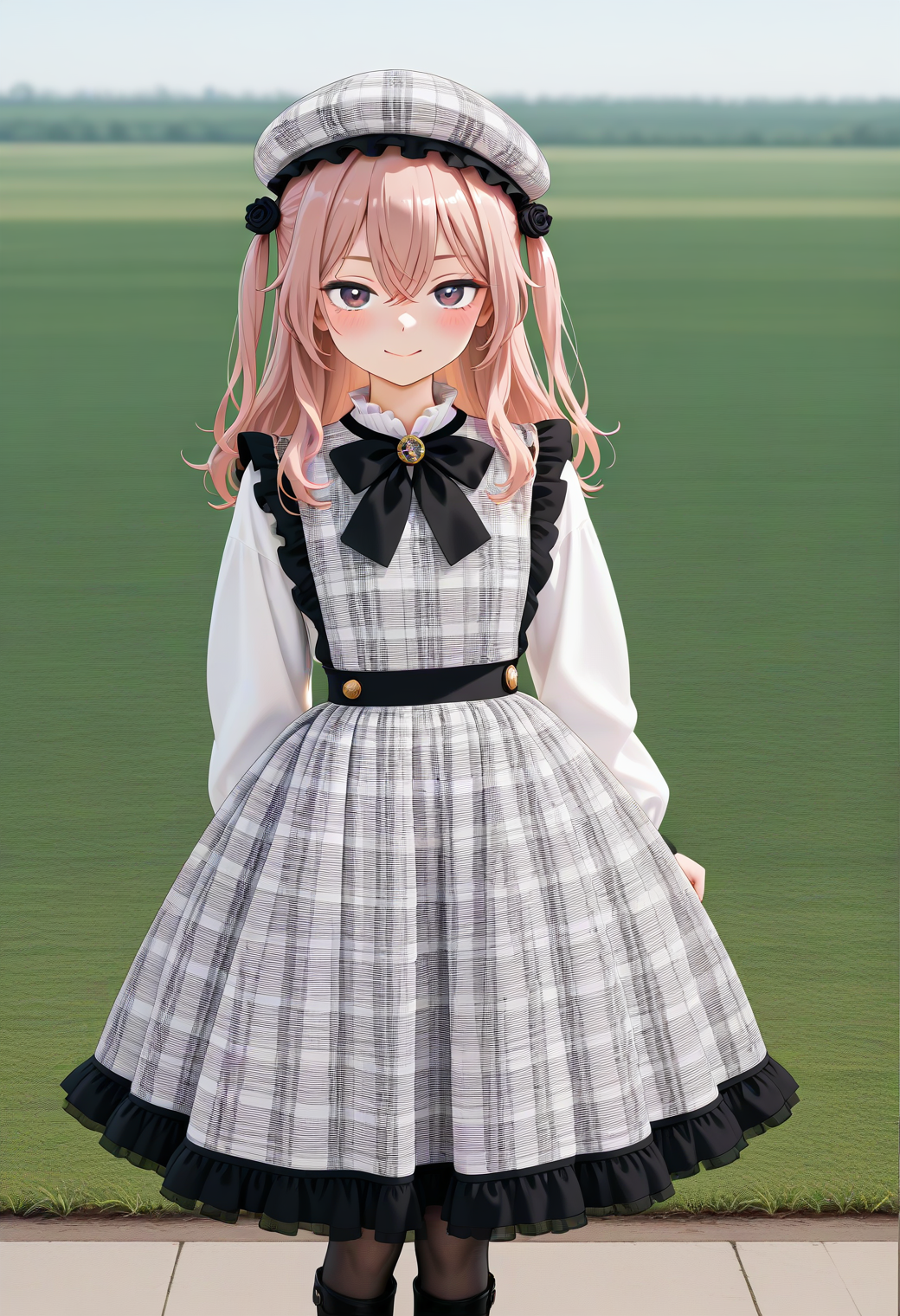 masterpiece, best quality, amazing quality, 1girl, solo, cowboy shot, standing, V, blush, smile, looking at viewer, cute pose, beautiful flower field, <lora:Inui Sajuna illu:1>, aasajuna, pink eyes, purple eyes, pink hair, long hair, two side up, hair between eyes,bangs, hair flower, black rose, <lora:RetroPlaidCakeSkirtdressTEST:0.65>, dress, long sleeves, frills, plaid, hat, bow, white shirt, black footwear, shirt, plaid dress, boots, plaid headwear, black bow, shoes, long skirt, frilled dress, plaid bow, polka dot, bowtie, plaid skirt, pantyhose, triple layered frills, <lora:wai-Rectified-s:1>