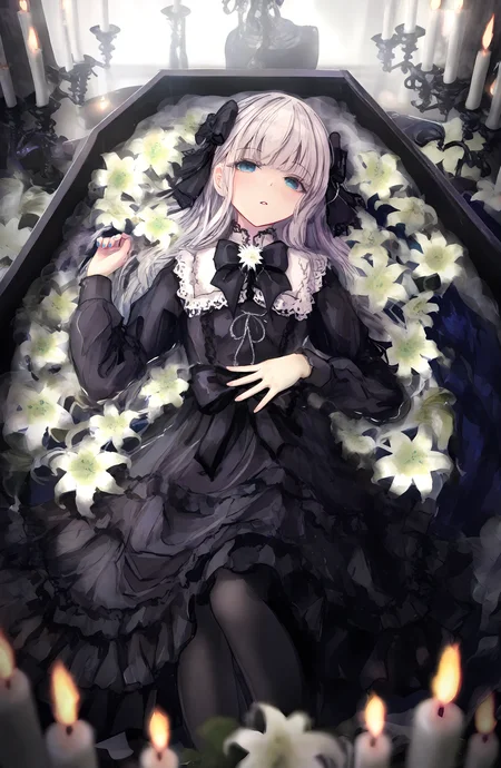 1girl, solo, long_hair, looking_at_viewer, blue_eyes, long_sleeves, dress, white_hair, flower, lying, on_back, black_dress, white_flower, lolita_fashion, blurry_foreground, gothic_lolita, candle, candlestand, coffin