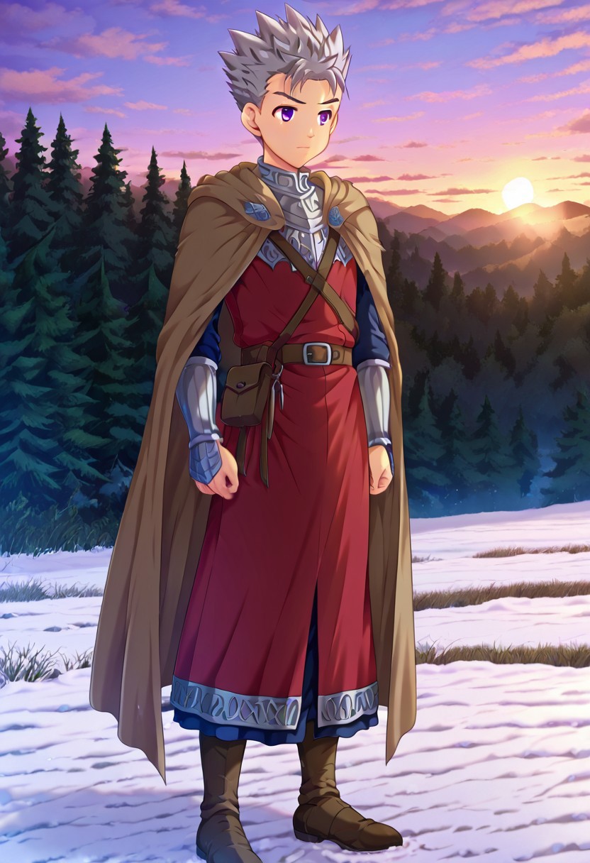 shizuki_takeyo, grey hair, light purple eyes, short hair, spiked hair, 1boy, solo, male focus, wearing intricate Scandinavian royal medieval outfit, noble and elegant, long cloak with silver embroidery, leather belts and armor accents, standing in a misty Nordic forest, soft snow on the ground, twilight sky, ancient runestones nearby, cinematic lighting, detailed background, fantasy style, high quality,