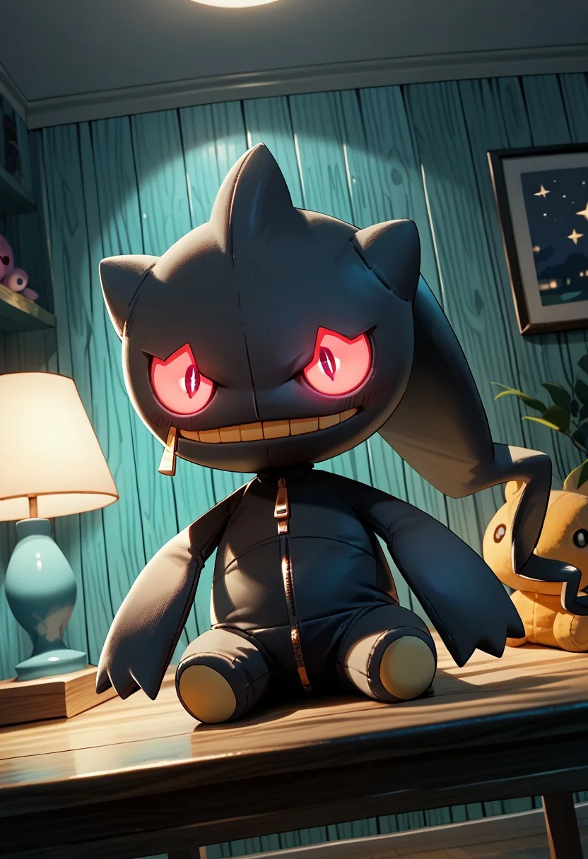 score_9, score_8_up, score_7_up, score_6_up, score_5_up, (large angle), (small plush banette, pokemon, red eyes, zipper mouth, on a table), (bedroom, cyan wooden wall, indoor, night), (extremely detailed, masterpiece, high quality)