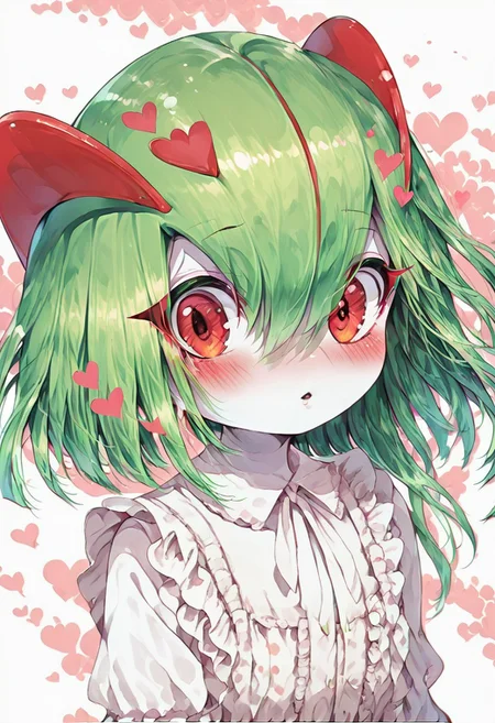 score_9, score_8_up, score_7_up, 1girl, solo, 
kirlia \(pokemon\), shiny kirlia, red eyes, white skin, (green hair:1.2), :o, parted lips, blush, looking at viewer, upper body, hearts, polka dot background,  white blouse, frills, cute dress.