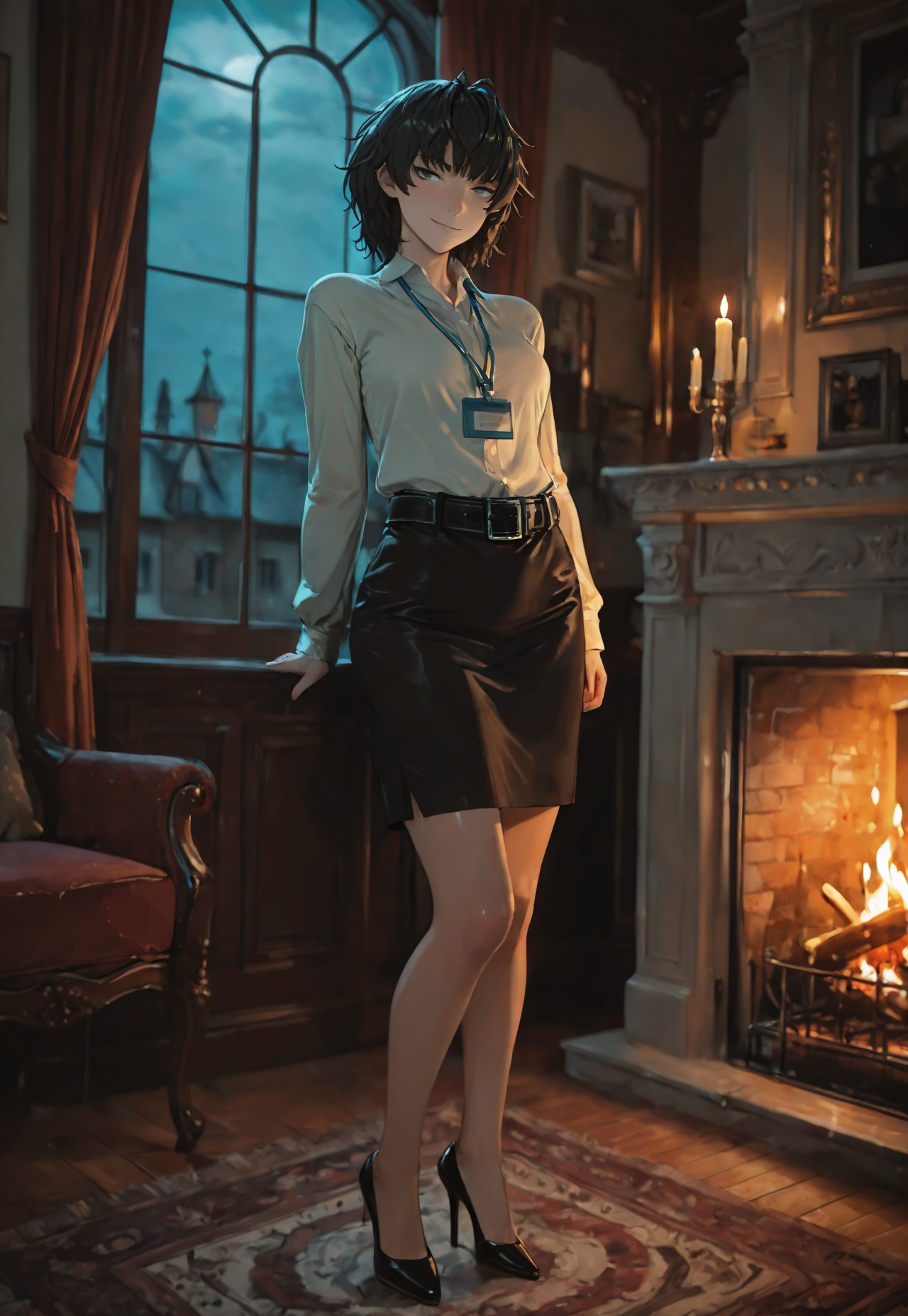 1girl, solo, (mu5ub1, black hair, short hair, messy hair, shiny hair, grey eyes, detailed eyes, tsurime, white shirt, long sleeves, lanyard, belt, black skirt, black high heels),
standing, looking at viewer, subtle smile, indoors, mansion, lounge, at night, dark, large window, cozy room, candles, warm lighting, fireplace, curtains, masterwork, masterpiece, best quality, detailed, depth of field, high detail, best quality, very aesthetic, 16k, 8k, absurdres, dynamic pose, depth of field, dynamic angle