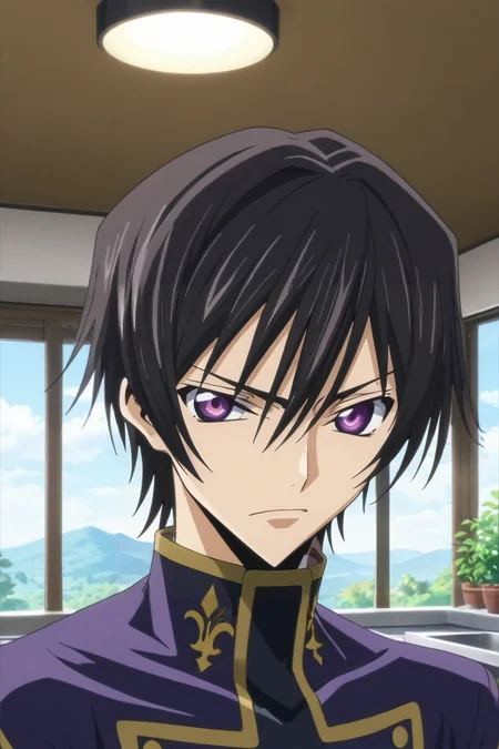 score_9, score_8_up, score_7_up, source_anime, rating_safe, , anime screencap, , official style, looking at viewer, , 1boy, solo, male focus, <lora:lelouch_lamperouge_pony:0.92>, lelouch_lamperouge, black hair, purple eyes, hair between eyes, bangs, , , panorama, kitchen, day, clouds, leaning forward, angry, ,, <lora:sdxl_lightning_8step_lora:1>