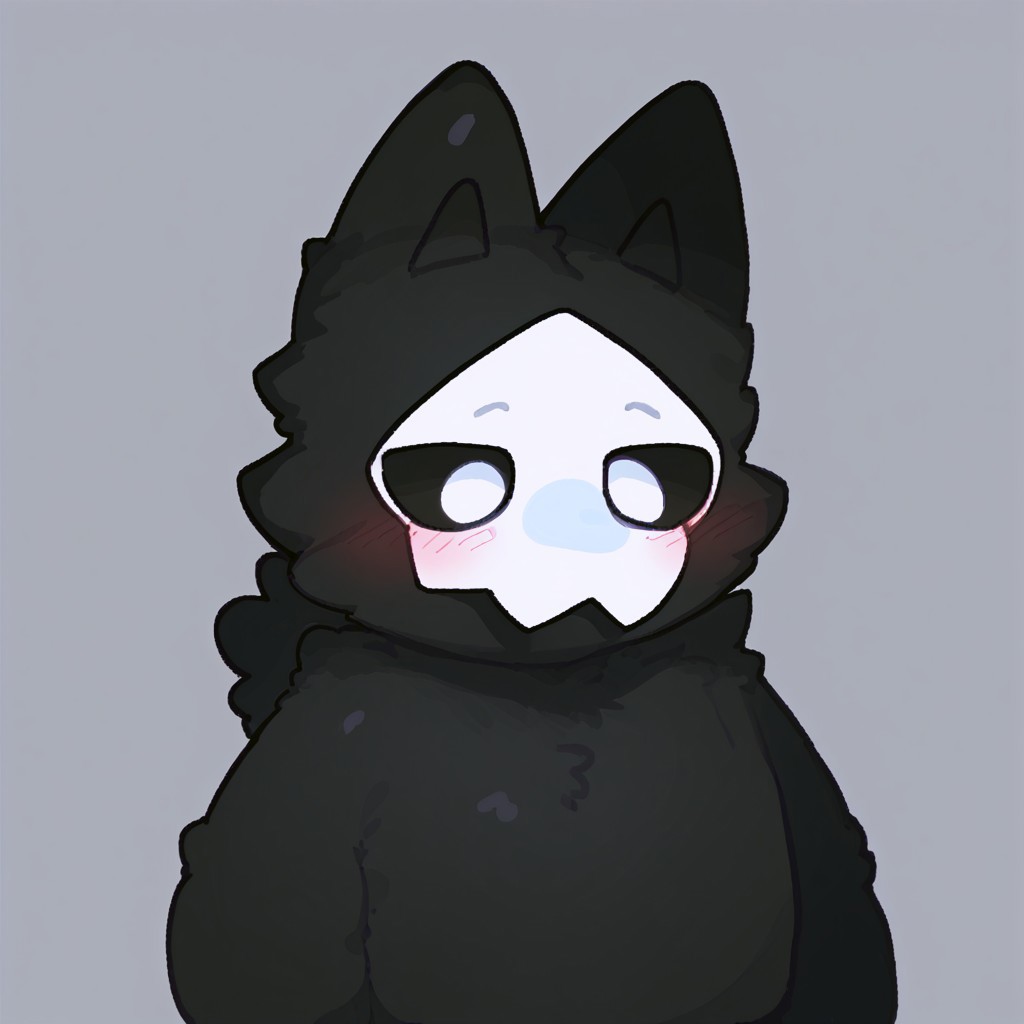 score_9, score_8_up, score_7_up, puro, black latex, furry, changed, white eyes, white mask, black fur, 1boy, solo, conswayo_, cute style, cute, 2d, simple background, (blush), (contemptuous eyes)