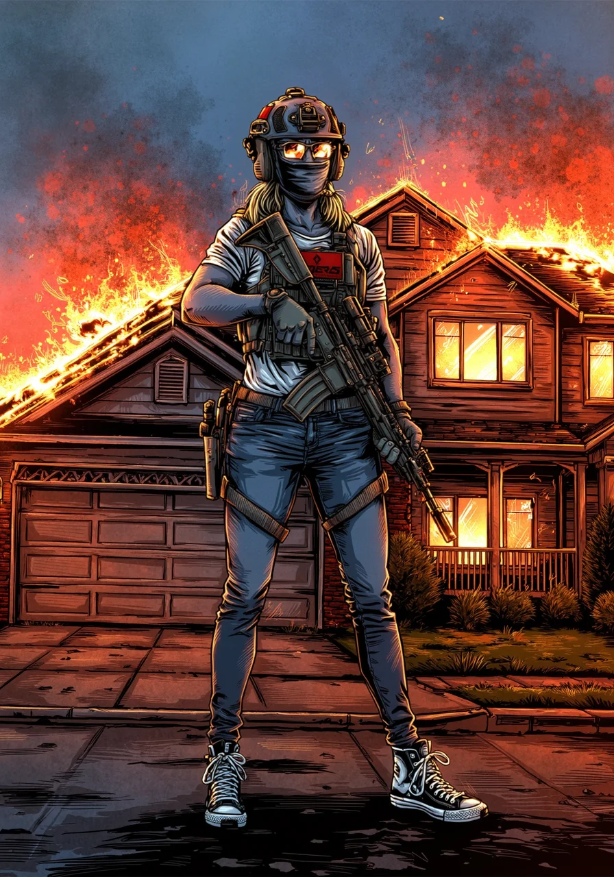 BPRE art of a young woman operator wearing high cut helmet and tactical chestrig over tank top, skinny jeans, and high top sneakers, masked with reflective glasses with long blonde hair with a carbine a suburban house in flames in the background<lora:BPRE-000013.safetensors:1.0:1.0>
