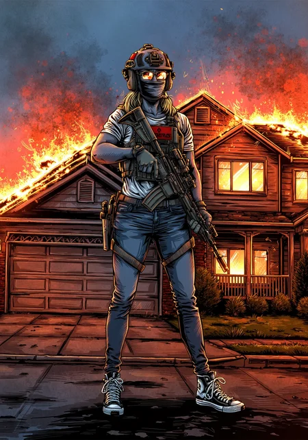 BPRE art of a young woman operator wearing high cut helmet and tactical chestrig over tank top, skinny jeans, and high top sneakers, masked with reflective glasses with long blonde hair with a carbine a suburban house in flames in the background<lora:BPRE-000013.safetensors:1.0:1.0>