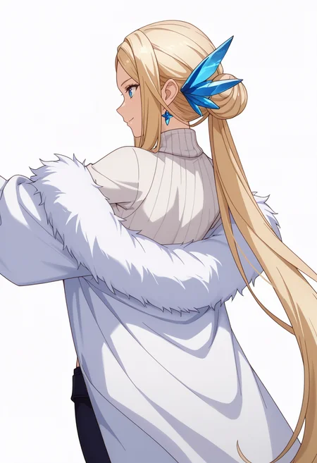 Smooth Quality,masterpiece,very intricate, high quality details, ultra realistic, high detailed skin,detailed enviorement,absurdres,
simple background, white background, dancing, solo,from behind,
<lora:Krishna_CNR:0.8> krishna_cnr, 1girl,blonde hair,very long hair,single hair bun, sidelocks, parted bangs, blue eyes, breasts, hair ornament, earrings,, traumatized,, c:,, turtleneck sweater, ,fur coat, ,cropped pants, ,