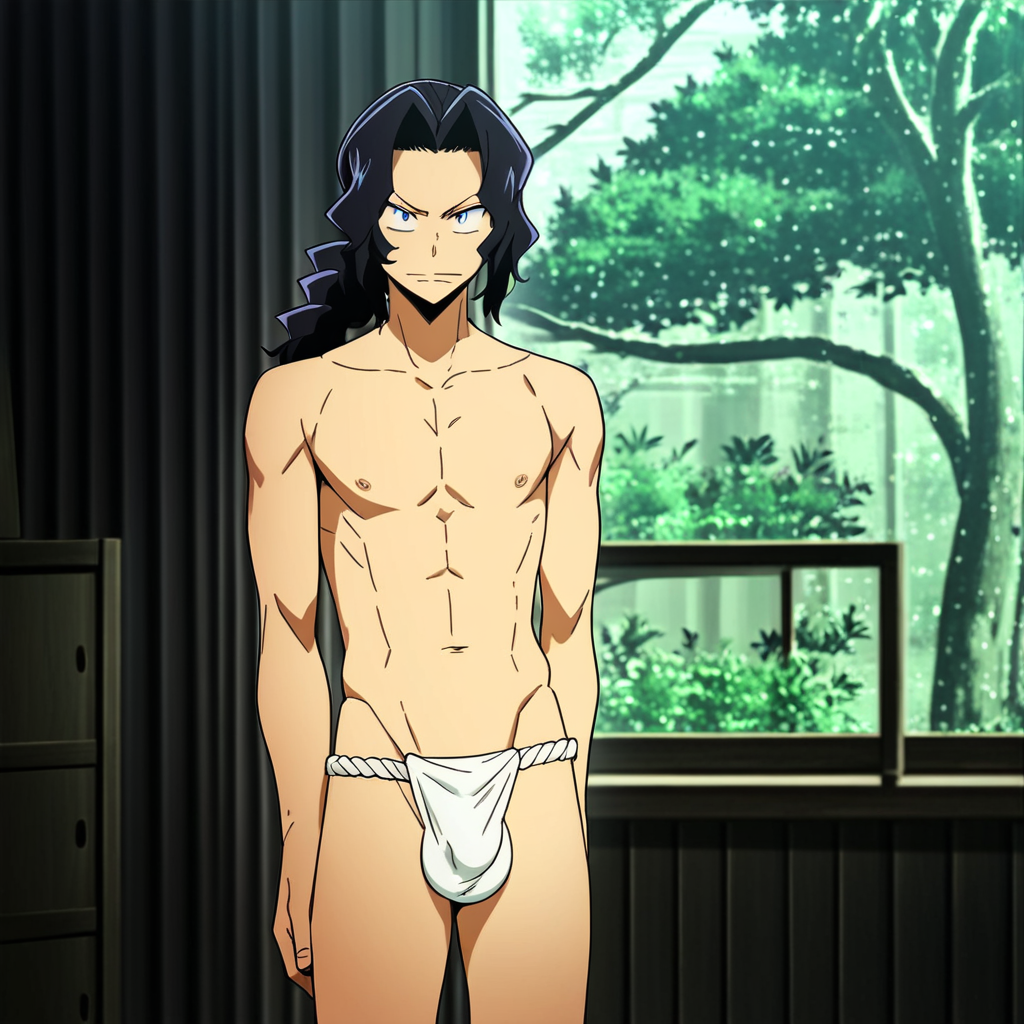 Teshima Junta, 1boy, male focus, ponytail, long hair, black hair, blue eyes, fundoshi, topless male, Large Bulge, fundoshi,  score_9, score_8_up, score_7_up, score_6_up <lora:vinceteaa_020_04v2-step00000400r:1> good face, good eyes, looking at viewer, full body, standing,