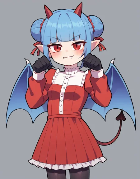 zPDXL, score_9, score_8_up, score_7_up, source_anime, 4k, absurdres, 1girl, solo,
<lora:CWew:1> cwew, demon wings, bat wings, blue wings, black pantyhose, red dress, juliet sleeves, frilled dress, black gloves, paw pose, blush, looking at viewer, :3, smug, <lora:Nullantwins:0.8> Zhuu, blue hair, red eyes, pointy ears, red horns, demon tail, small breasts, fangs out, double bun, blunt bangs,