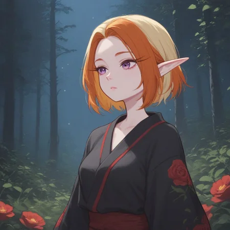 score_9, score_8_up, score_7_up, extremely detailed, 1girl, elf, pale skin, cute face, violet eyes, medium length hair, two-tone hair, blonde hair, ginger hair, medium breasts, wearing a loose black kimono with red trim and red floral pattern, standing in a forest, night, moonlight