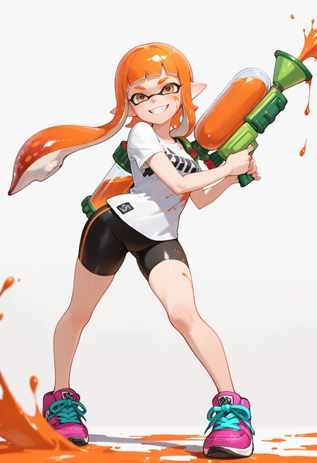 masterpiece, best quality,absurdres, ultra-detailed, high resolution,
inkling, 1girl, bike shorts, orange eyes, pointy ears, orange hair, long hair, paint splatter, smile, shirt, grin, t-shirt, super soaker, solo, shoes