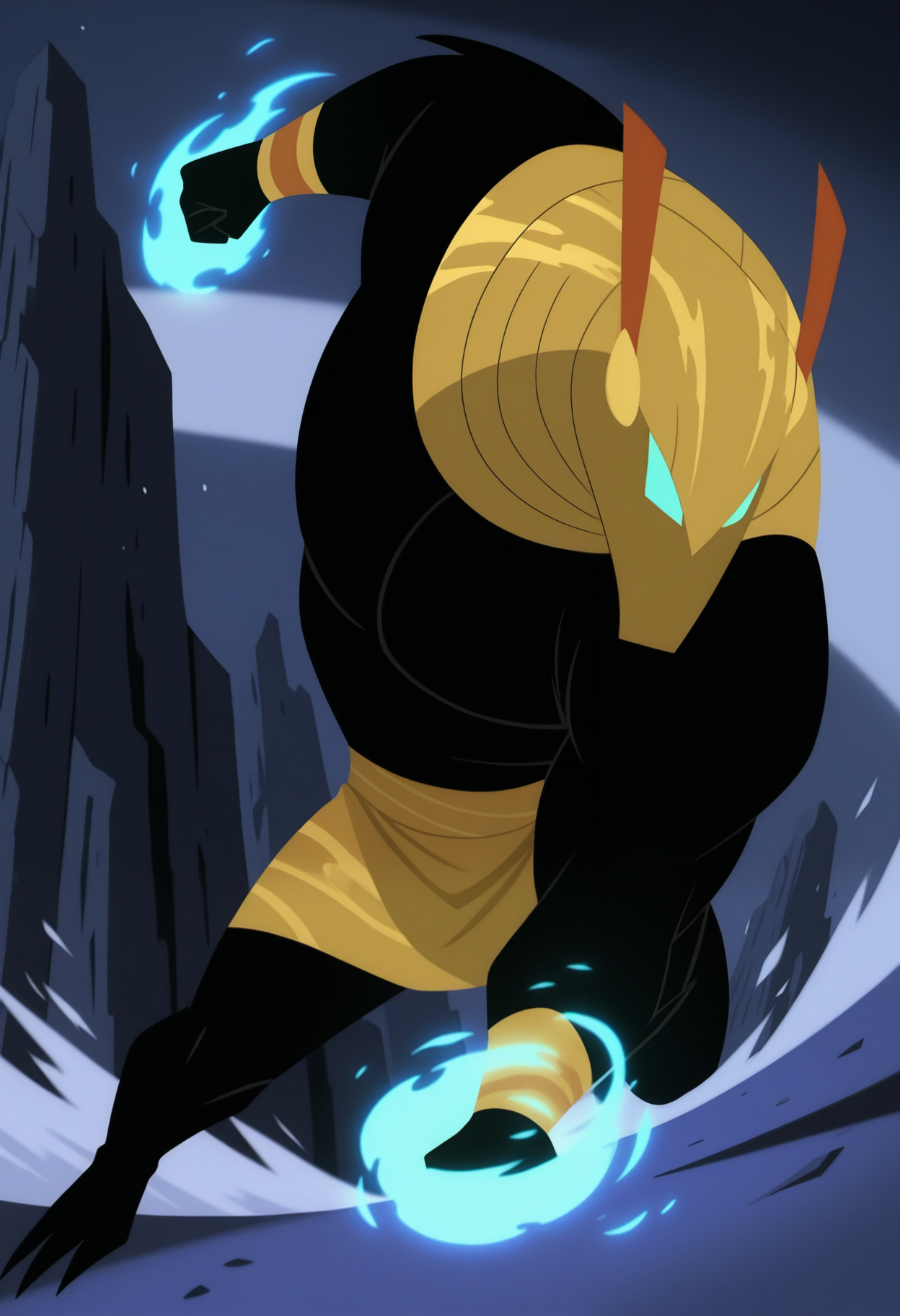 masterpiece,best quality,amazing quality, 1boy, solo, m1n10n, furry, black fur, colored sclera, yellow helmet, shendyt, wrist cuffs, full body, attack,