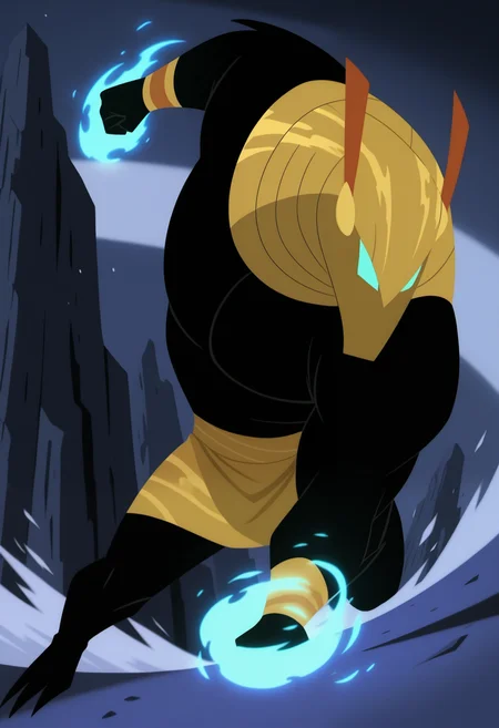 masterpiece,best quality,amazing quality, 1boy, solo, m1n10n, furry, black fur, colored sclera, yellow helmet, shendyt, wrist cuffs, full body, attack,