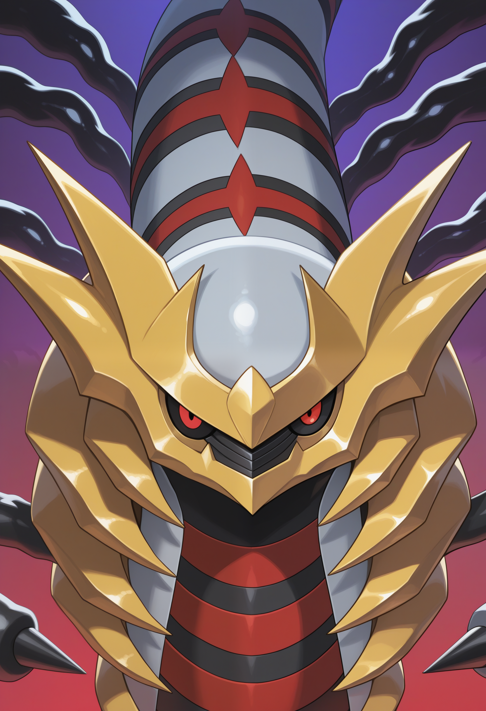 masterpiece,best quality, amazing quality, 1boy, solo, g1r4t1n4, pokemon (creature), black tentacles, colored sclera, red eyes, close up, intimidate, scary, looking at viewer,