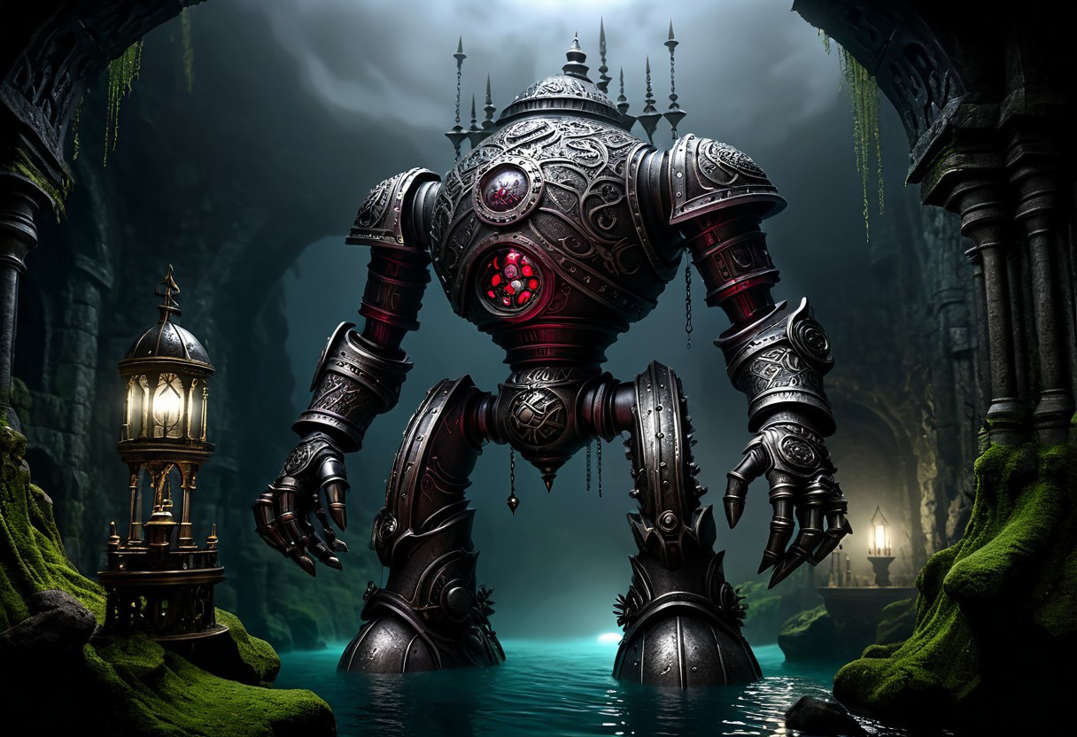 giant bipedal robot pewter silver and dark red stripes and bronze silver paisley robot. lacy robot submarine head. outside of a steampunk keep. large detailed torso. dark image. one forty foot tall ancient robot with great arms and two heavy spring legs. dark foggy night background. $dark foggy night image only. dark photo realistic image. steampunk details. cogs, chains and pipes incorporated in the fantasy buildings. magic wizards tower in background. Dark swamp, moss, castle ruins, wizards tower. stormy dark night. small floating machines