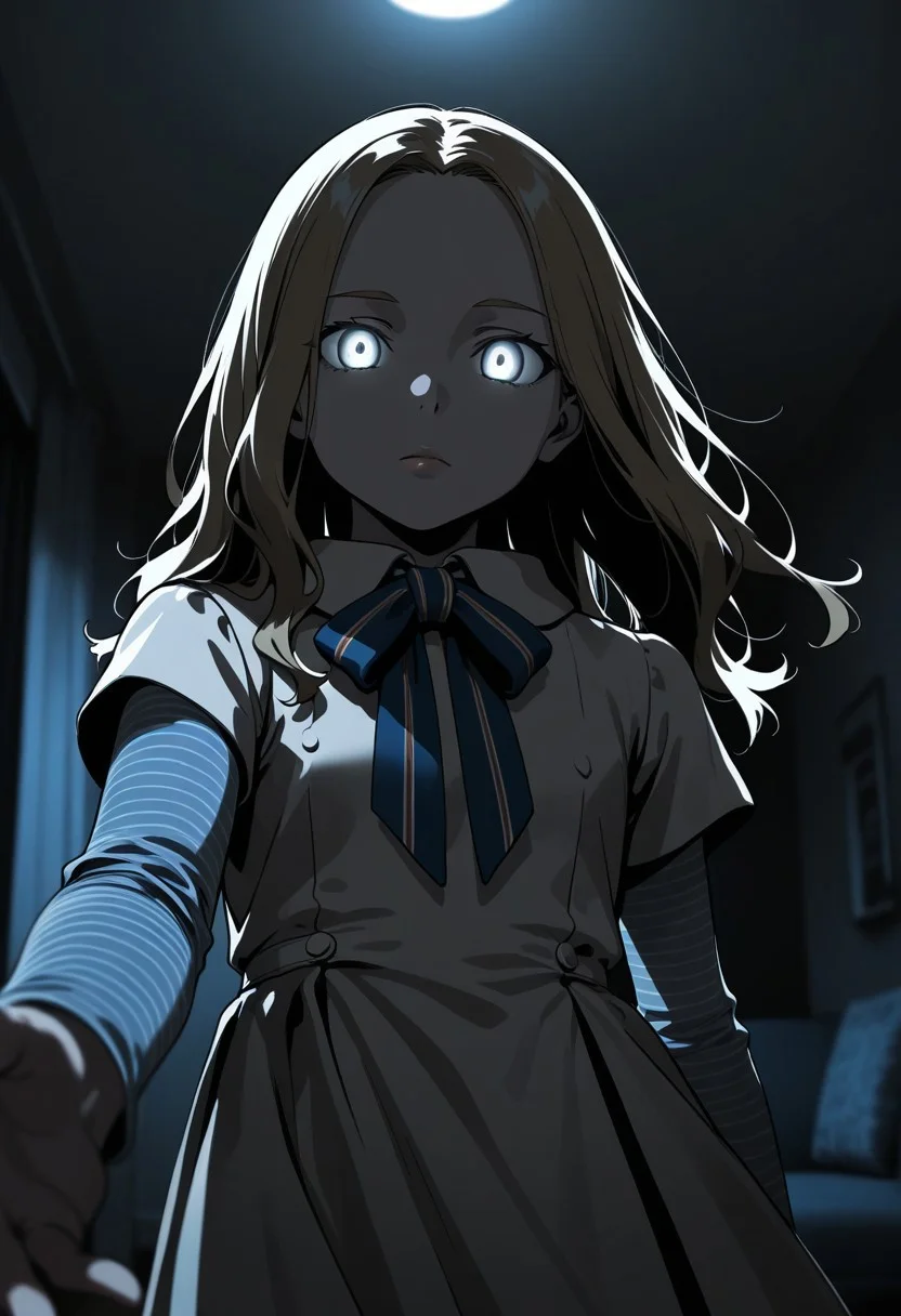 Smooth_Quality, 1girl, solo, m3gan, grey eyes, (thick lips:0.8), expressionless, striped long sleeves, dress, short sleeves, long hair, layered sleeves, short over long sleeves, reaching out, open hand, looking at viewer, close up, indoor, high contrast, living room, dark, horror, glowing eyes, high contrast