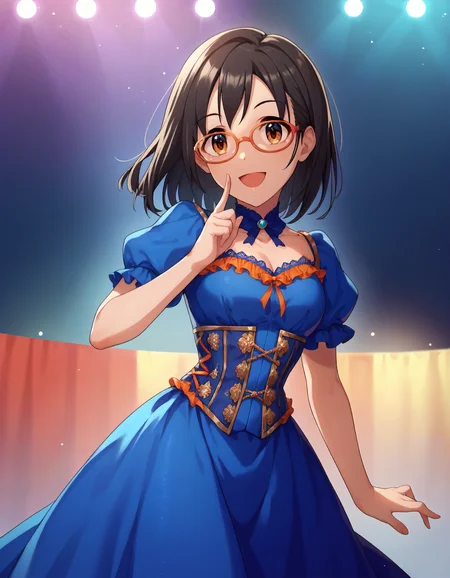 score_9,score_8_up,score_7_up,1girl,solo,cowboy shot,looking at viewer,smile,open mouth,stage lights,
<lora:kamijouharuna_ponyXLV6:0.8>,cgkhr,
black hair,medium hair,brown eyes,orange-framed eyewear,
blue dress,puffy short sleeves,blue corset
