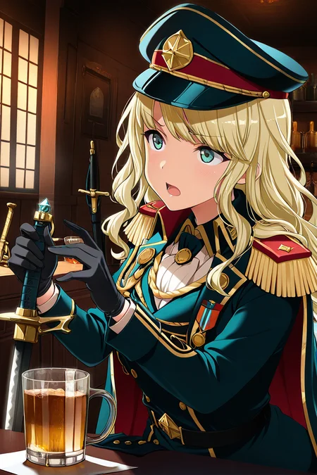 masterpiece, best quality, amazing quality,
 <lora:Shiori_IL:1> shiori, 1girl, hat, blonde hair, gloves, solo, long hair, weapon, epaulettes, open mouth, cape, sword, uniform, military uniform, black gloves, cup, peaked cap, bangs, aiguillette, military, indoors, alcohol, wavy hair, military hat, aqua eyes, mug
