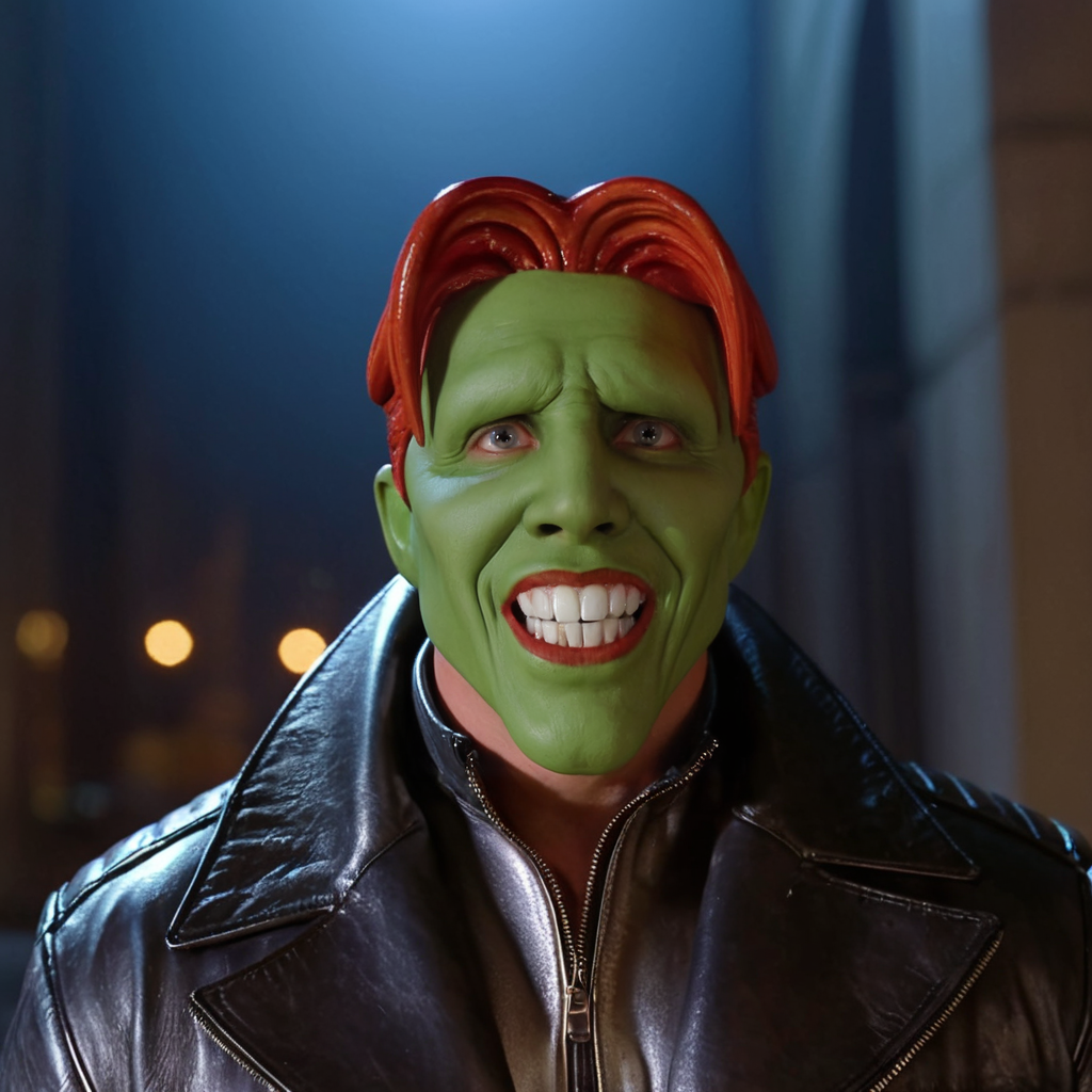 detailed high quality photo of a man with a (((green head))), big teeth, a large chin and red hair, the_mask,  <lora:BigHeadMask_Tim_V1_SDXL:0.7>