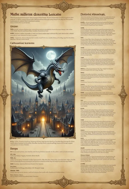 masterpiece,
the image is mostly a dramatic scene of ominous dragon flying over a fantasy castle, with parchment and text only at the side,
metal dragon, lizard-like and non humanoid body, dragon made out of dramatic and gleaming and ominous metal, silver and chrome and matte black metallic armor, dragon in dramatic pose, wings spread out and flying over a gothic castle, fiery and ominous dark gothic fantasy scene,
at side is parchment d&d character sheet,
a character sheet of a dragon with detailed text describing stats and skill, english text, fantasy,
D&D character Sheet, parchment paper, rpg stats, torn paper,
lots of text in neat paragraphs,in print too small to read and much worn out from age, several paragraphs listing his attributes like on a D&D character sheet, including "STR" & "DEX" & "CON" & "INT" & "WIS" & "CHA", and "AC", and "HP", the numbers and stats are too blurred to read clearly, at top of parchment is large text "NAME malferrum Draconis Loricatus", and beneath that is large text "CLASS Lormenthus Aegidraconis", and in middle of parchment in large text "also known as Urulókë Lótarwa, by the elves he hunts, and Glaurvras Drambor, by the dwarfs he chased out of their ancestral kingdom"