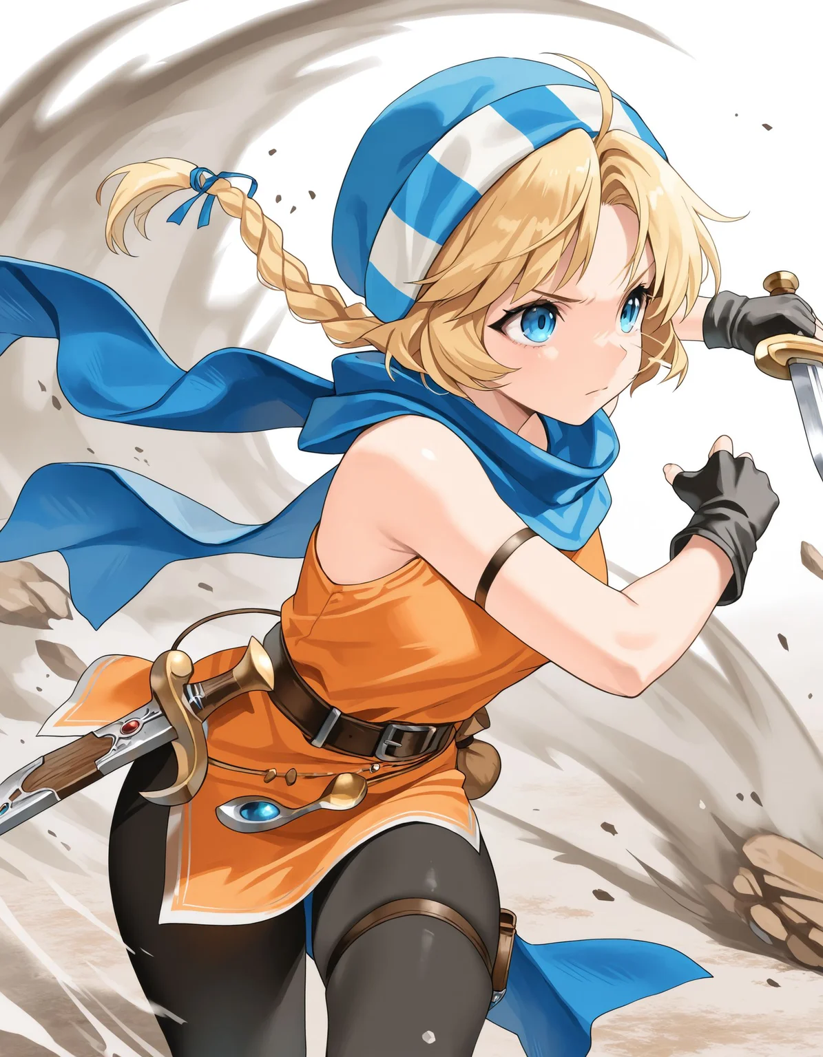 1girl,solo,<lora:patty feh_illustriousXL:0.8>,patty feh,hat,scarf,armband,fingerless gloves,orange dress,belt,belt pouch,pantyhose,thigh strap,cowboy shot,running,attack,serious,holding dagger,masterpiece,best quality,amazing quality,
