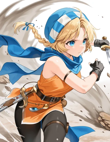 1girl,solo,<lora:patty feh_illustriousXL:0.8>,patty feh,hat,scarf,armband,fingerless gloves,orange dress,belt,belt pouch,pantyhose,thigh strap,cowboy shot,running,attack,serious,holding dagger,masterpiece,best quality,amazing quality,
