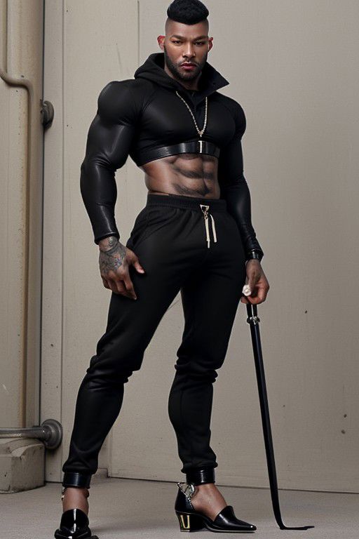 Gay Caucasian man, masculine, hairy, black colour rubber, tight tracksuit, high stiletto heels, chains,  tiny man, hold a spread flag