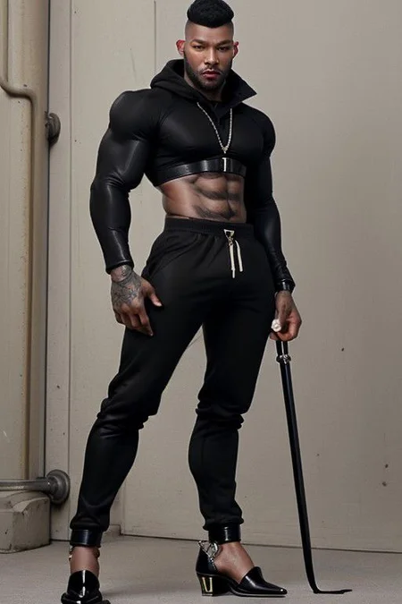 Gay Caucasian man, masculine, hairy, black colour rubber, tight tracksuit, high stiletto heels, chains, tiny man, hold a spread flag