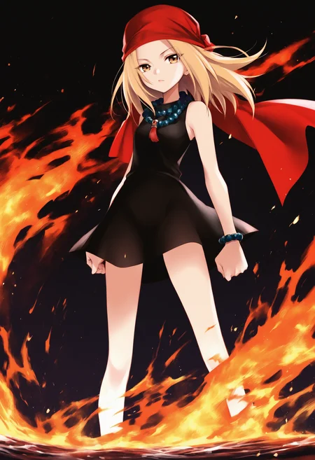masterpiece, best quality, kojiann, short hair, blonde hair, brown eyes, short dress, sleeveless, bead necklace, red bandana, bracelet,   looking at viewer, black background, fire,  abstract background, standing, legs apart, water,    <lora:Anna IXL 2-000013:1>