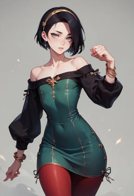 score_9, score_8_up, score_7_up, 1boy, femboy, otoko no ko, short hair, bob cut hair, black hair, grey eyes, gray eyes, feminine face, toned body, Shelly,
bodycon dress, sweater dress, wool dress, green dress, sleeves, collarbone, red pantyhose, embroidered pantyhose, earrings, bracelets, hairband with bow,
highly detailed, intricate, zzCitronCAT, model pose, modelshoot