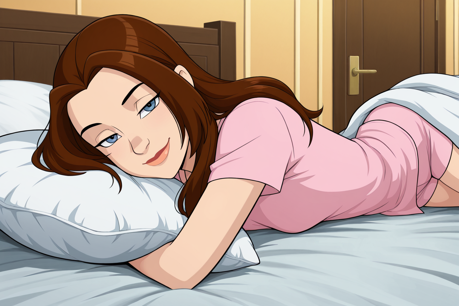 (((official style)), perfect anatomy, perfect eyes, cowboy shot) BREAK <lora:ShadowcatILL:1> 1girl, brown hair, long hair, blue eyes, half-closed eyes, ((looking at viewer)), pink shirt, pink shorts, arched back, teasing viewer, laying on stomach, under covers, teasing viewer, in bed, luxurious bedroom, indoors