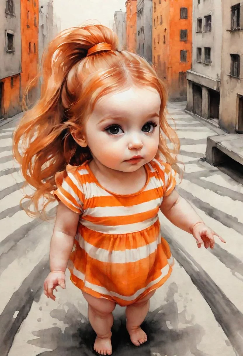 orange baby girl, stripes, looking up, ion a carpet,, high details, long hair, eyelash,  buildings