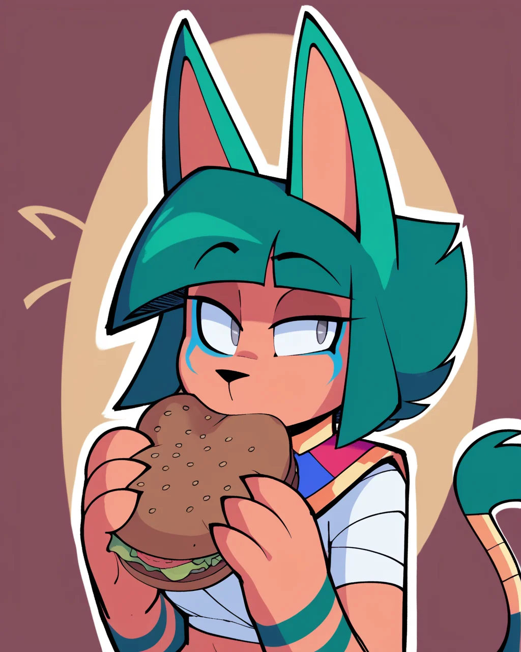score_9_up, score_8_up, score_7_up, score_6_up, by remanedur, half-length portrait, female, green hair, green ears, grey eyes,  cat, tail, medium breasts, 3 fingers,  facial mark, bandages, makeup, egyptian, midriff, skirt, furry, bangs, short hair, jermaWhopper, eating, burger, neutral expression, head tilt, solo, three-quarter view, simple background, white outline, <lora:Leah_Pines(AIM)_XL_v1:0.15> <lora:PDXL_artist_tags_v2_big:0.5> <lora:The-Minuscule-Task_PDXL_v1.0:0.6>  <lora:Morgana_Danvers_Tomb_Cats:0.7> <lora:jermawhopper-pdxl-nvwls-v1:1>