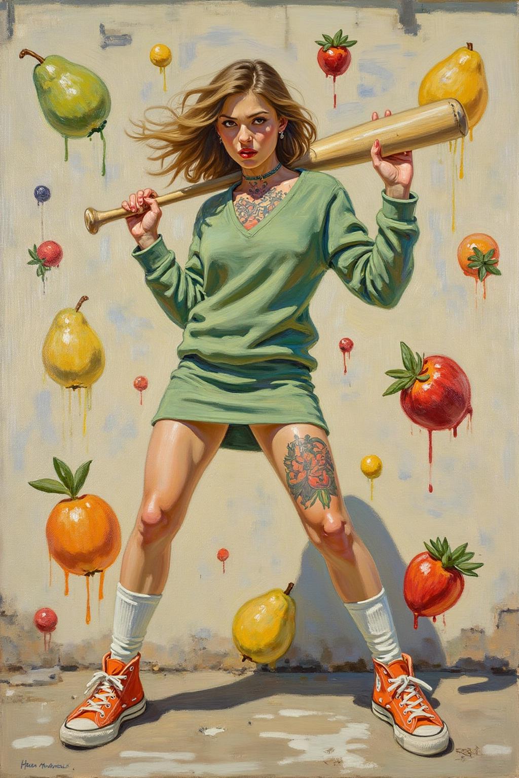 helenmcnicoll2 painting.
liquid splash, cartoonish juicy fruits chaos, dynamic pose, dynamic camera, a fashion shoot, an illustration of a woman threateningly holding a baseball bat in her hands, full body tattoo, wearing green short sweater, miniskirt, knee socks, orange sneakers, aggressive facial expression, wall with graffiti in the background, <lora:helenmcnicoll2_cap_d6a3:1.0><lora:838473329808563089:0>