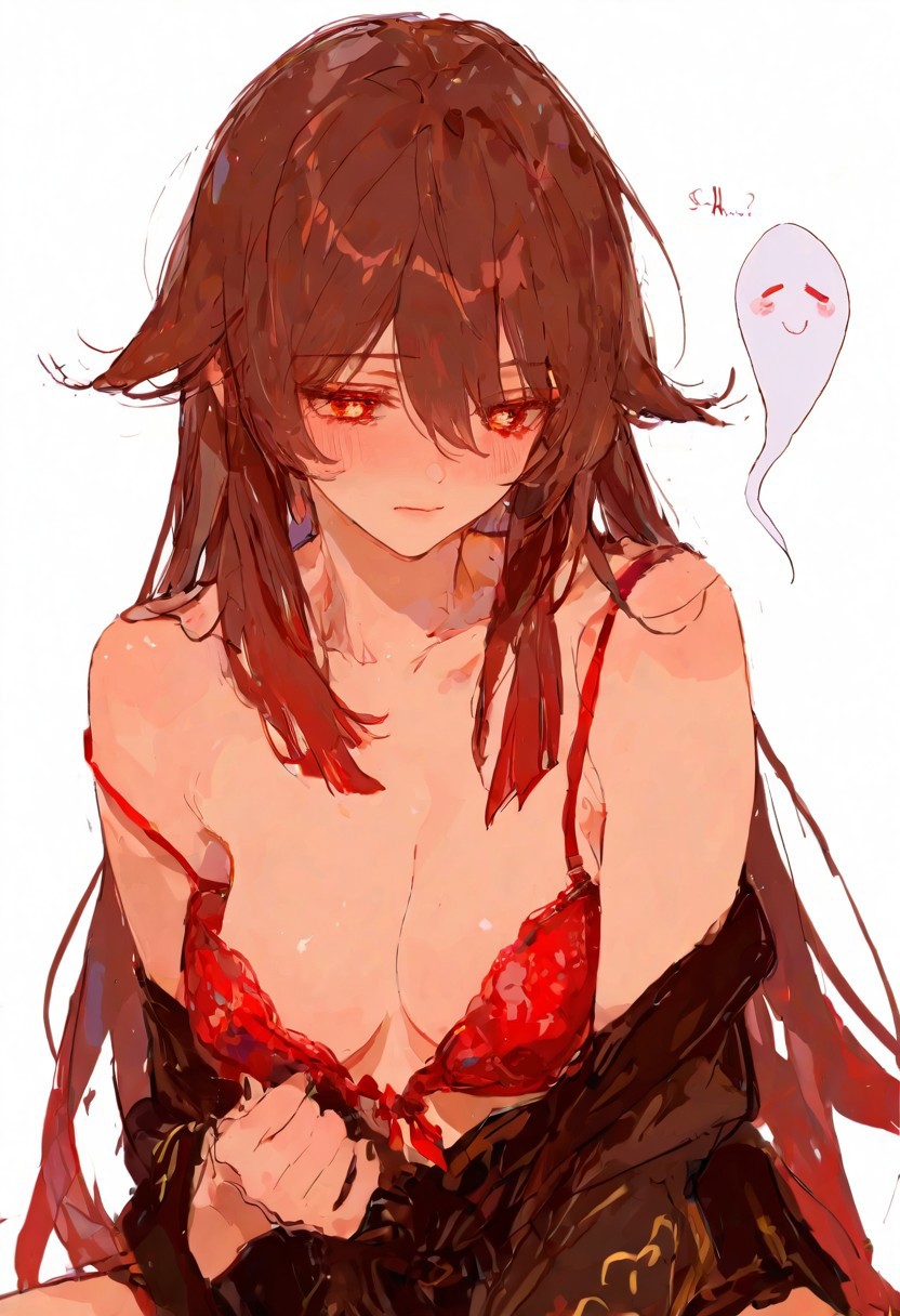 High quality, Ultra detailed, best quality, insanely detailed, beautiful illustrations, masterpiece, beautiful line, perfect anatomy, beautiful color, glamor, (sketch:1.3), voluptuous, glamor, masterpiece, best quality, delicate illustration, (newest:1.2), very aesthetic, sharp focus, score_9, score_8_up, Genshin Impact, Hu Tao, simple background, changing clothes, take off bra, hidden camera, voyeur, Hidden camera footage of erotic private parts, voyeur footage, ghost,