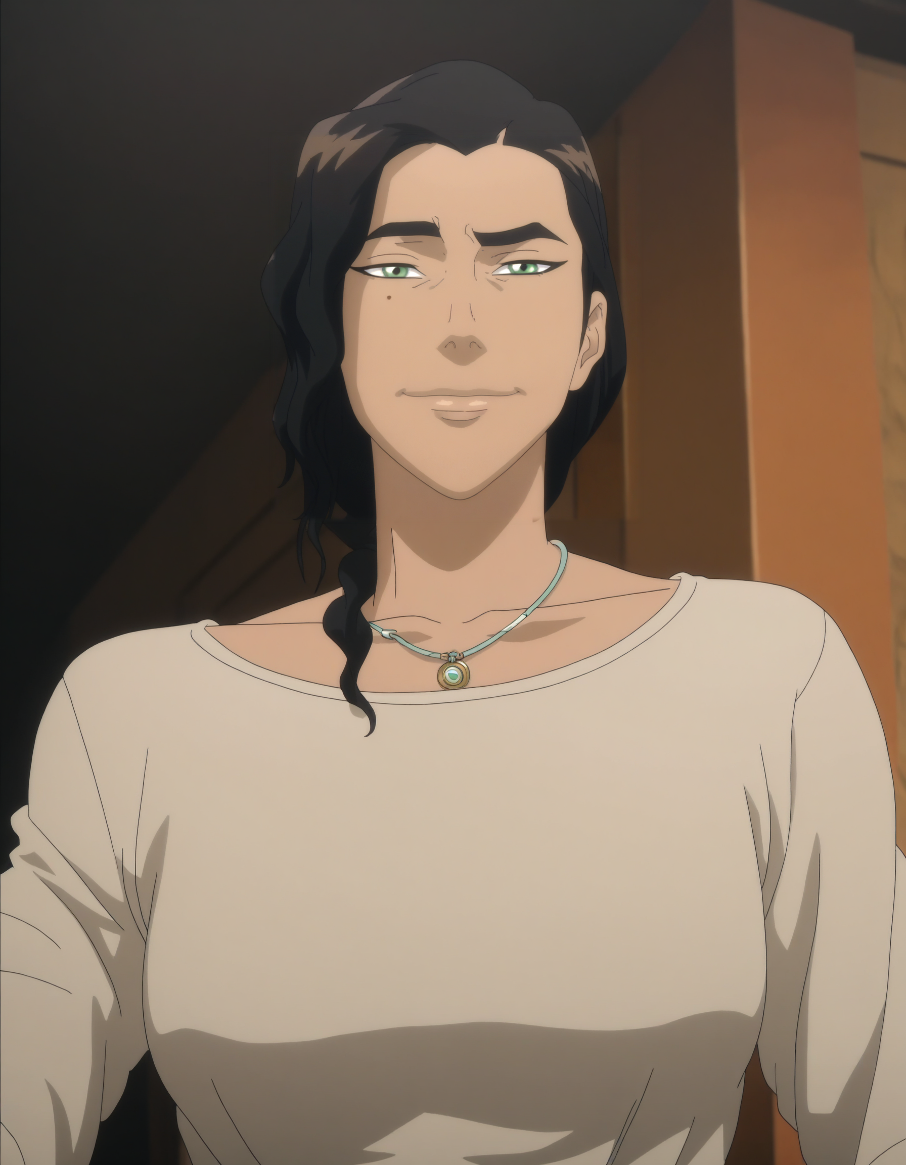 front_view,  cowboy shot, <lora:modern_anime_screencap_v1_0:0.8> anime screencap, (highres, best quality), zPDXL, 1girl,
<lora:ku7ir3a-000040:1> ku7ir3a, 1girl, green eyes, mole under eye, bangs, ponytail, single_braid, female focus, looking at viewer, gentle smile, closed mouth, posing for photo,
necklace, zaofu_robes, breasts, mature female,
<lora:Pony_DetailV2.0:0.5>
pinup, white background,