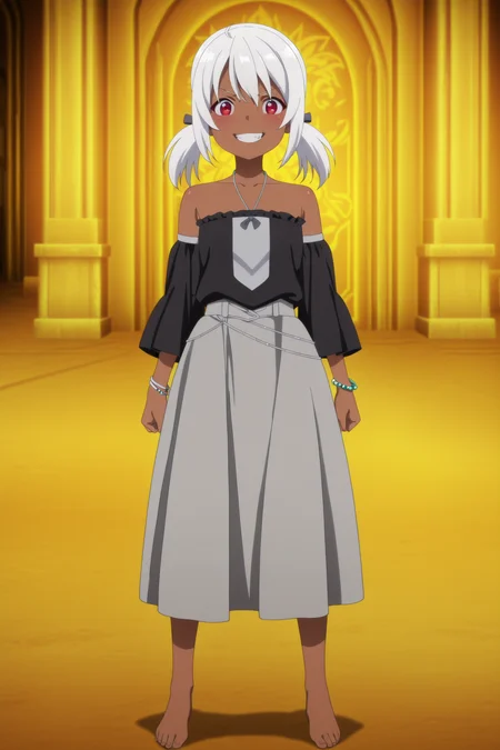anime coloring, anime screencap, masterpiece, best quality, amazing quality, detailed face,
<lora:Suzu_Taniguchi_Arifureta:.9>
Haltina Labyrinth appearance, 1girl, solo, dark skin, dark-skinned female, white hair, red eyes, twintails, jewelry, bare shoulders, black shirt, gray skirt, barefoot, full body shot, girl looking at the viewer, evil grin, teeth