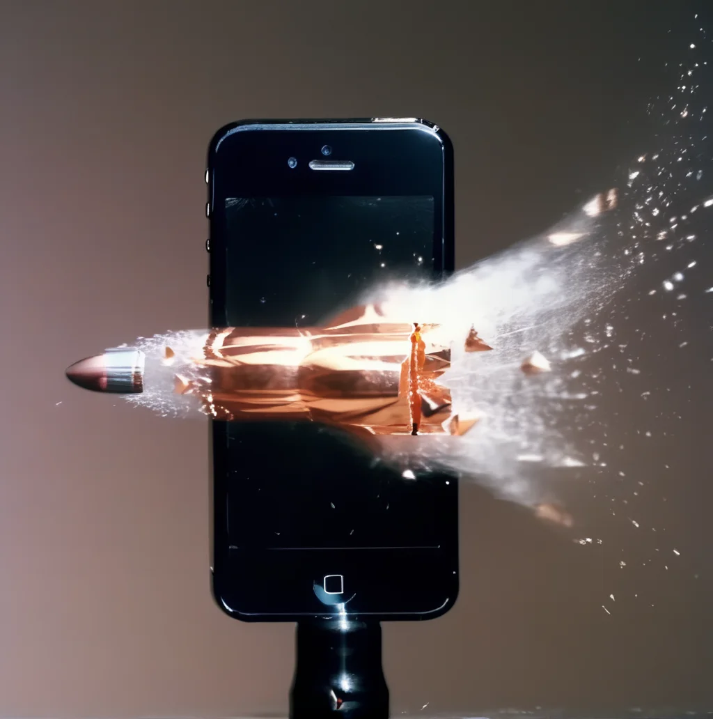 motioshot a bullet from a gun bursts a cell phone high-speed photography <lora:motioshot:1>
