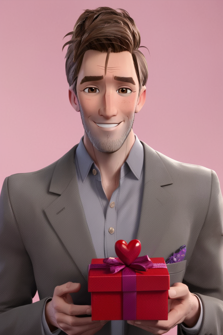 peterbparker, 1boy, solo, male focus, mature male, short hair, brown hair, brown eyes, thick eyebrows, facial hair, stubble, formal, collared shirt, grey suit, looking at viewer, smile, cowboy shot, smile, blush, holding gift, heart-shaped box, simple background <lora:Spider-Man (Peter B. Parker) v1.0 SDXL_LoRA_SDXL:0.85>